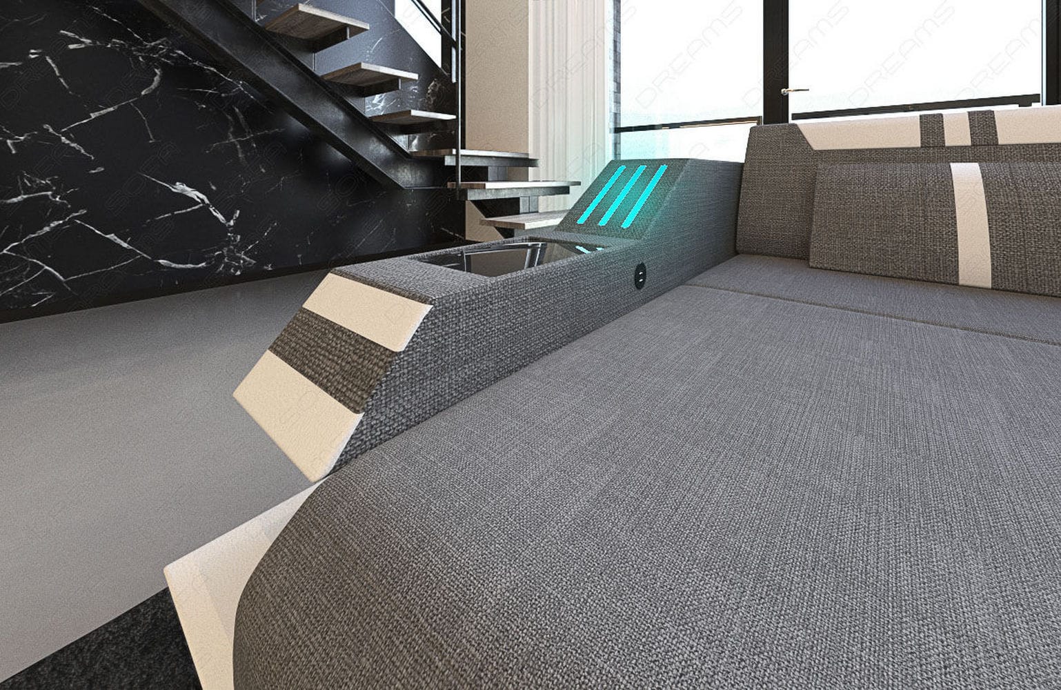 Polstersofa Materialmix Ravenna L-Form LED Grau-Weiß