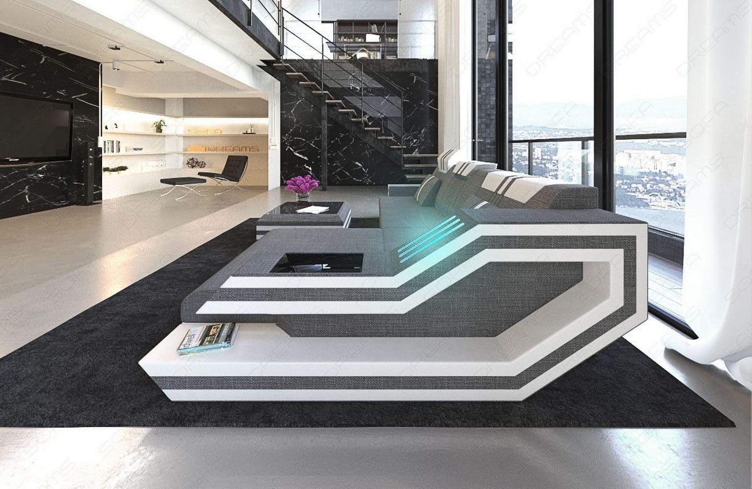 Polstersofa Materialmix Ravenna L-Form LED Grau-Weiß