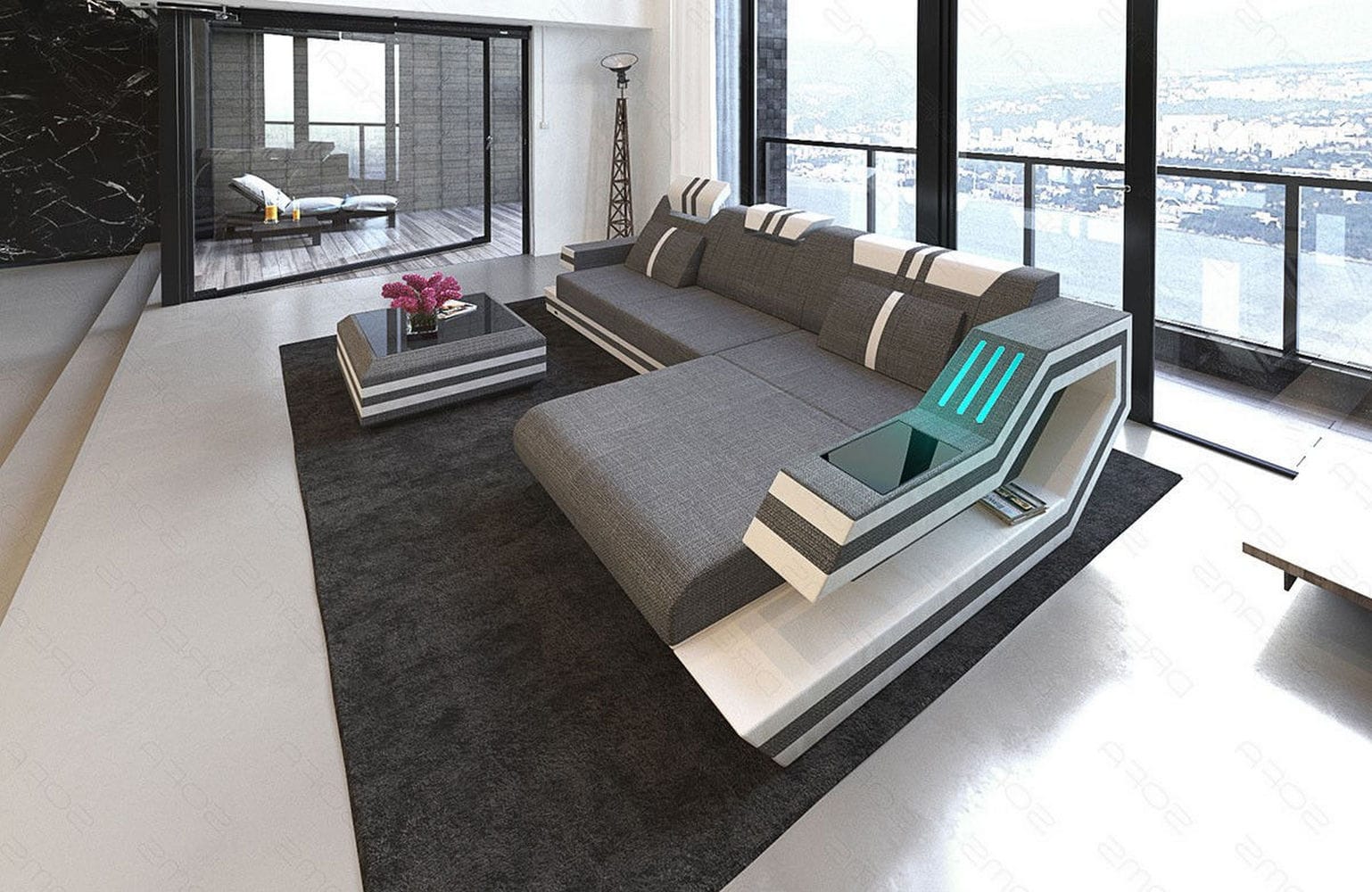 Polstersofa Materialmix Ravenna L-Form LED Grau-Weiß