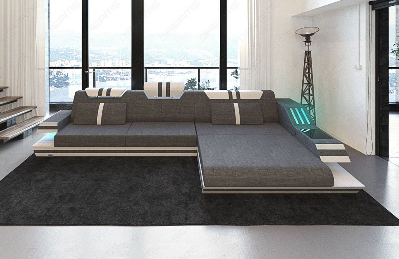 Polstersofa Materialmix Ravenna L-Form LED Grau-Weiß