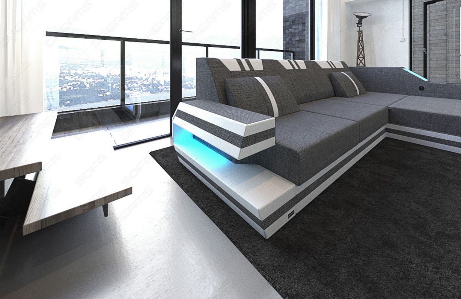 Polstersofa Materialmix Ravenna L-Form LED Grau-Weiß