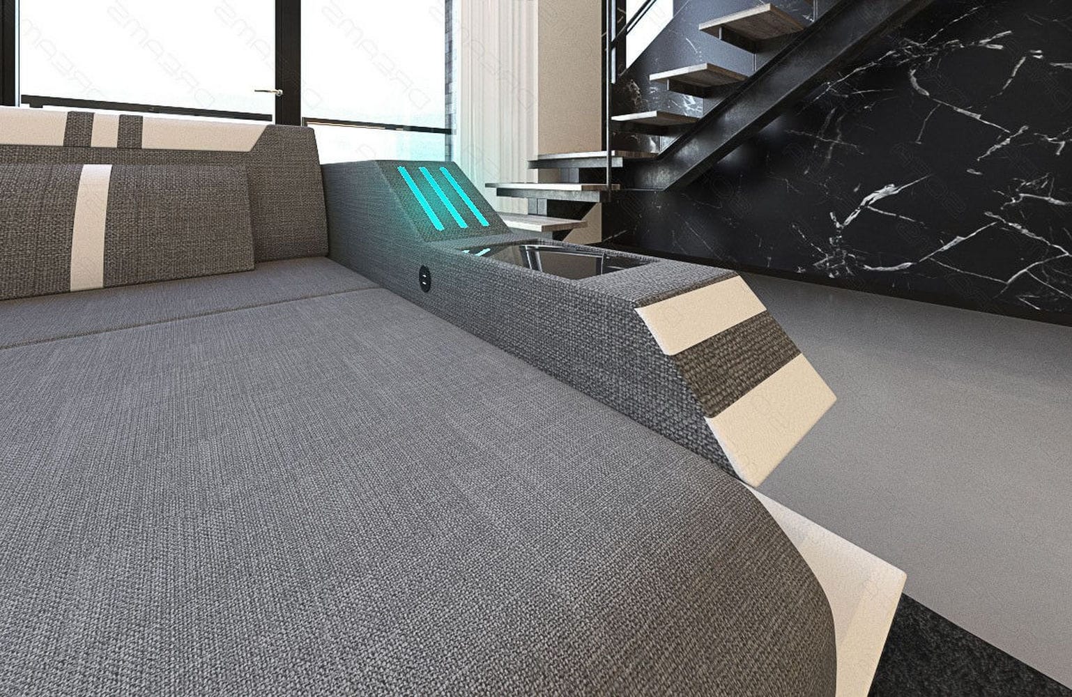 Polstersofa Materialmix Ravenna L-Form LED Grau-Weiß