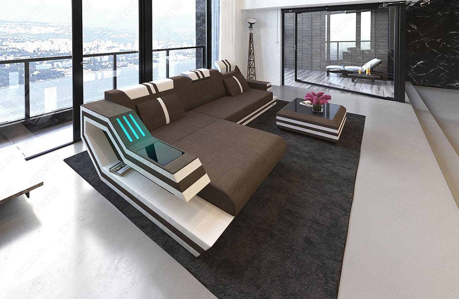 Polstersofa Materialmix Ravenna L-Form LED Braun-Weiß