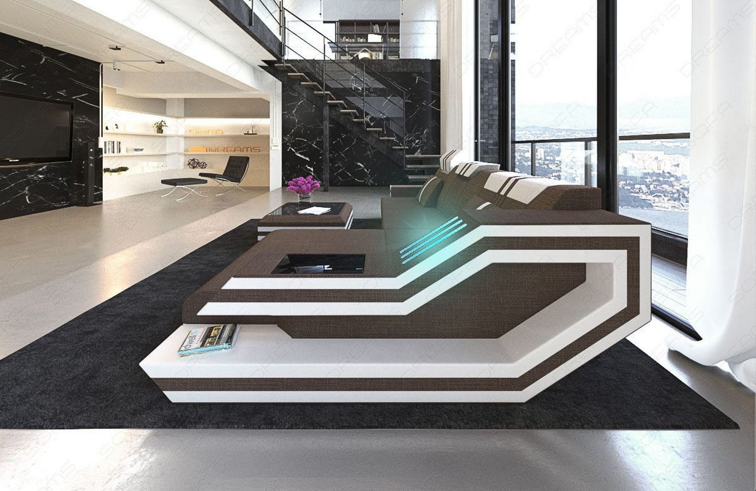 Polstersofa Materialmix Ravenna L-Form LED Braun-Weiß