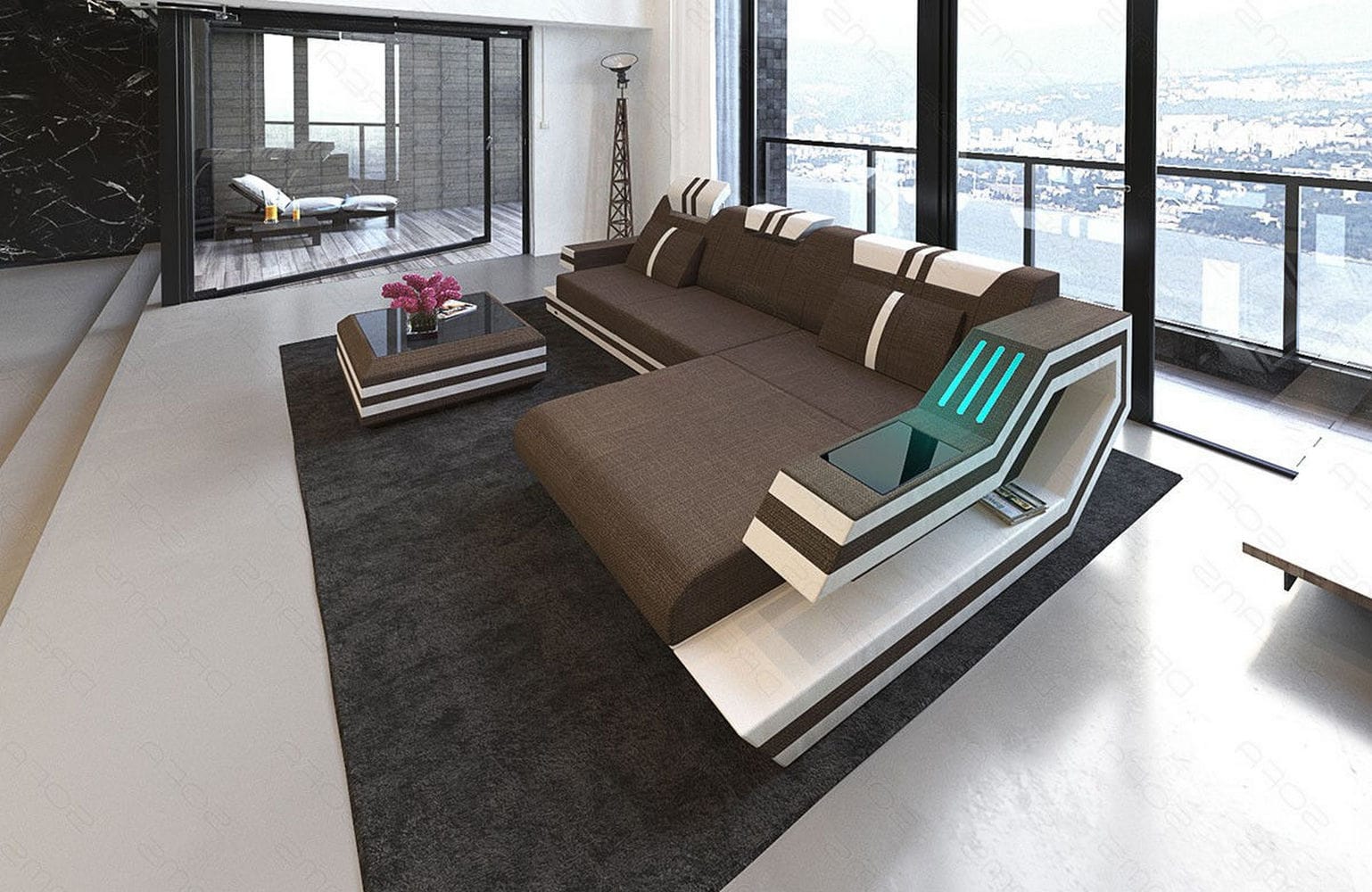 Polstersofa Materialmix Ravenna L-Form LED Braun-Weiß