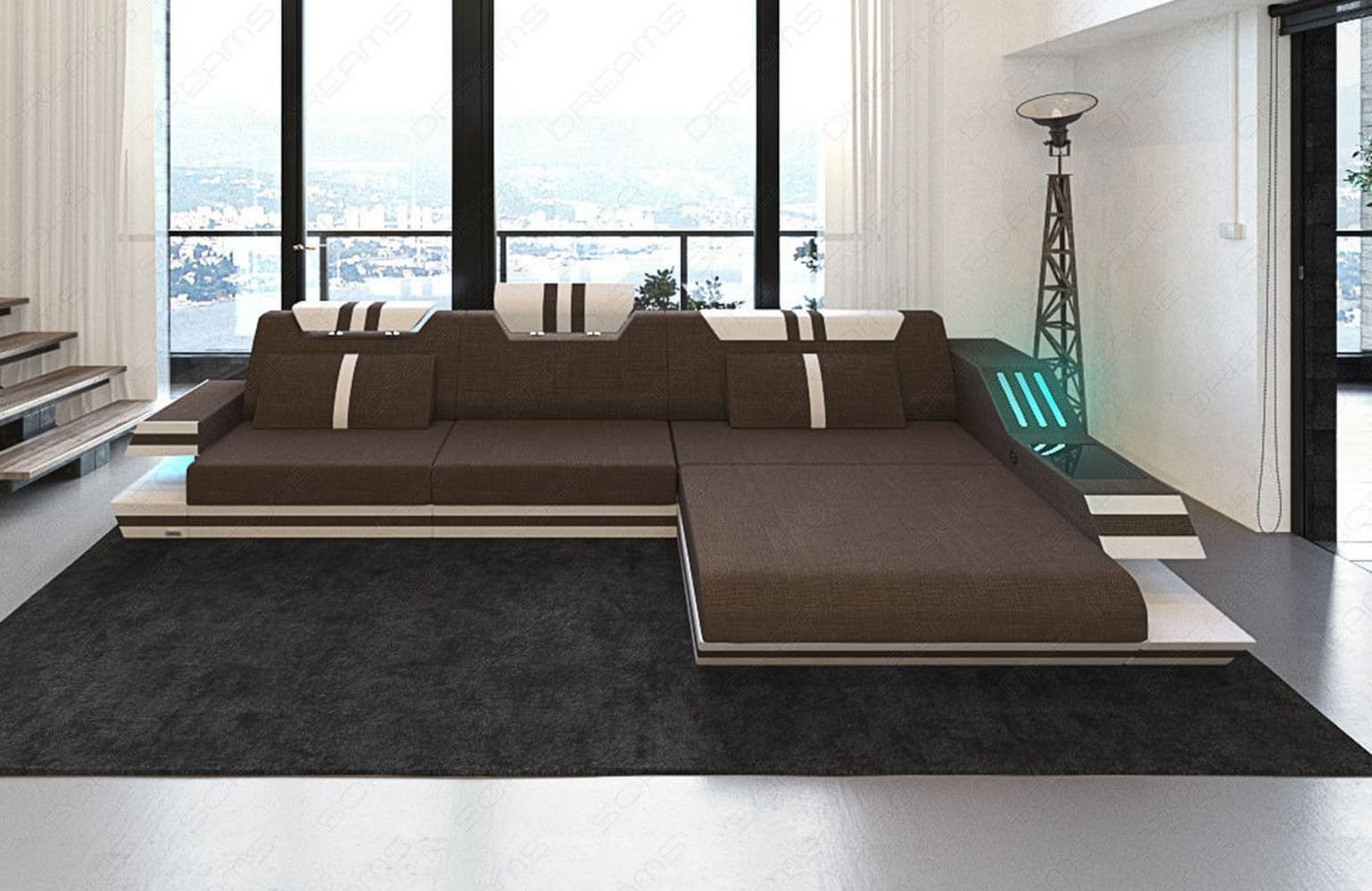 Polstersofa Materialmix Ravenna L-Form LED Braun-Weiß