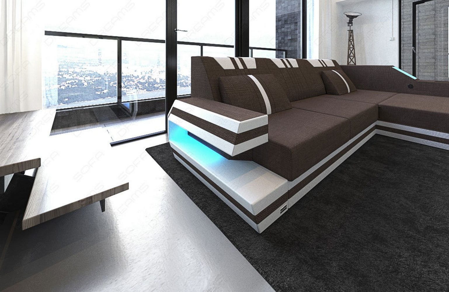 Polstersofa Materialmix Ravenna L-Form LED Braun-Weiß