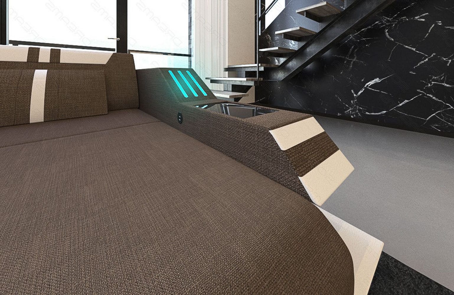 Polstersofa Materialmix Ravenna L-Form LED Braun-Weiß
