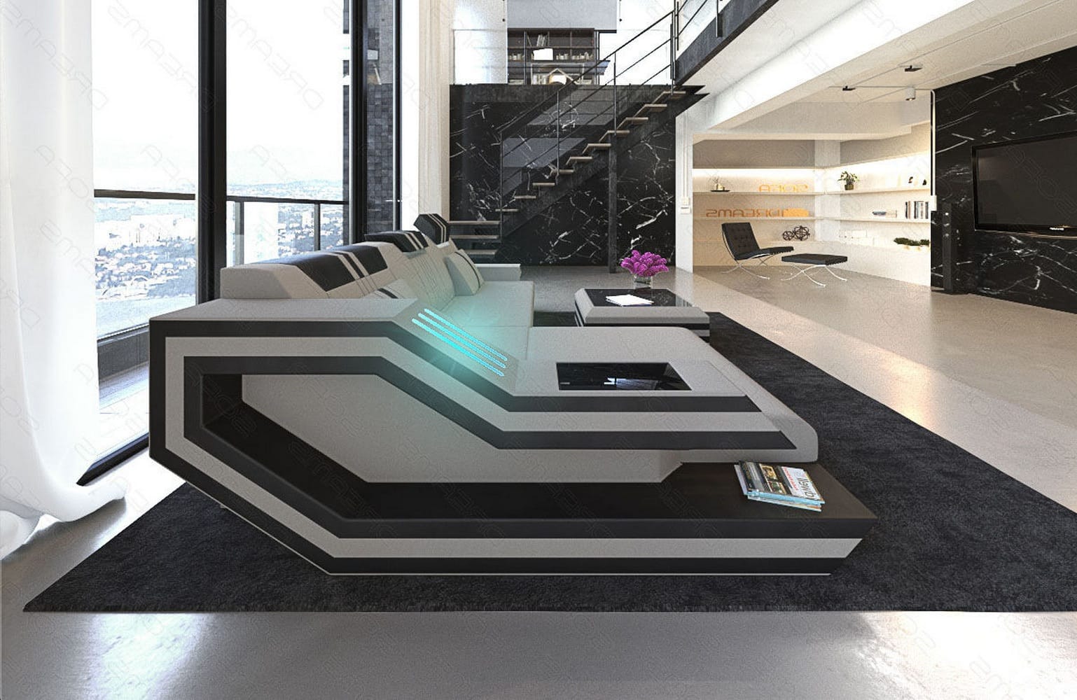 Polstersofa Materialmix Ravenna L-Form LED Hellgrau-Schwarz