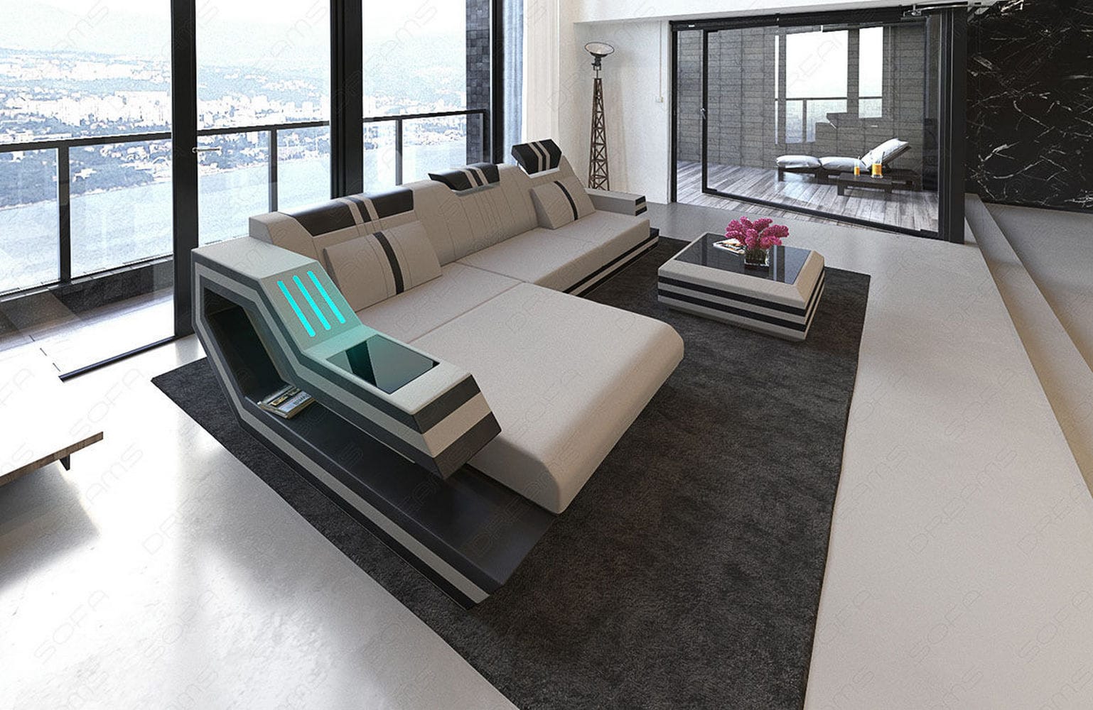 Polstersofa Materialmix Ravenna L-Form LED Hellgrau-Schwarz