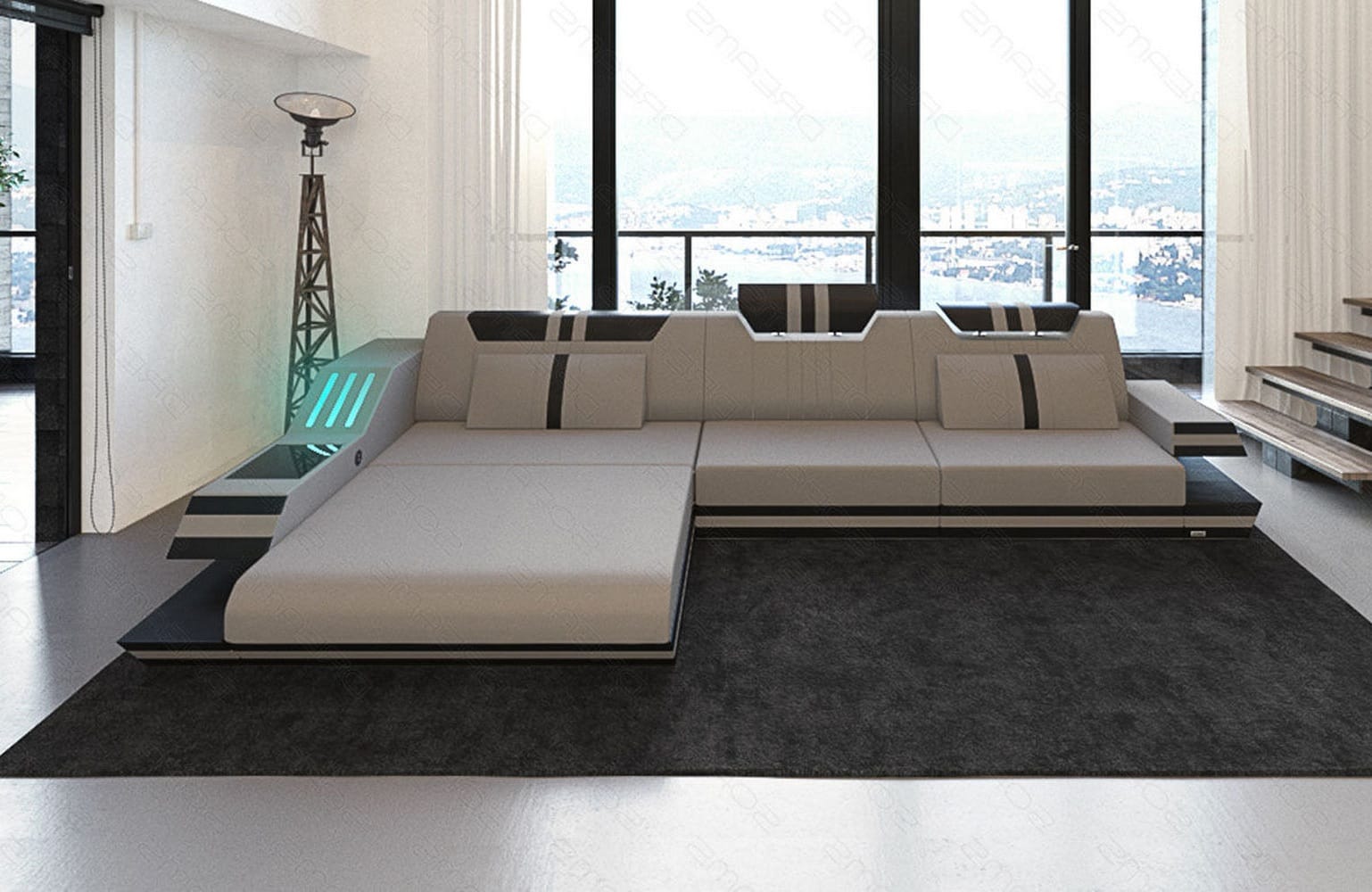 Polstersofa Materialmix Ravenna L-Form LED Hellgrau-Schwarz