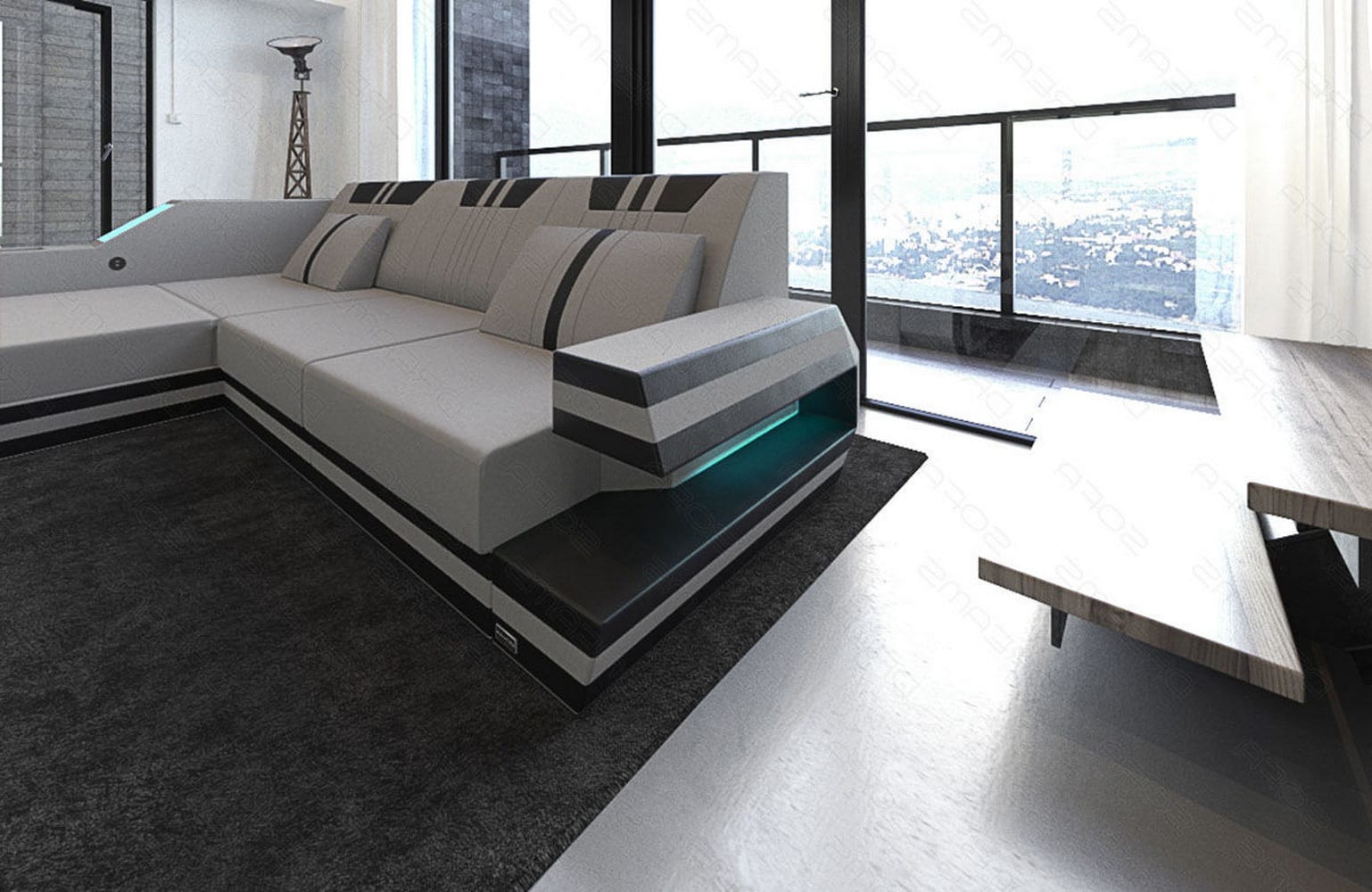 Polstersofa Materialmix Ravenna L-Form LED Hellgrau-Schwarz