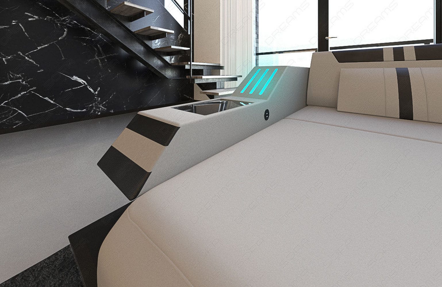 Polstersofa Materialmix Ravenna L-Form LED Hellgrau-Schwarz
