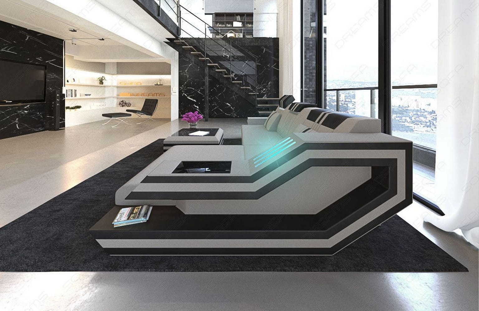 Polstersofa Materialmix Ravenna L-Form LED Hellgrau-Schwarz