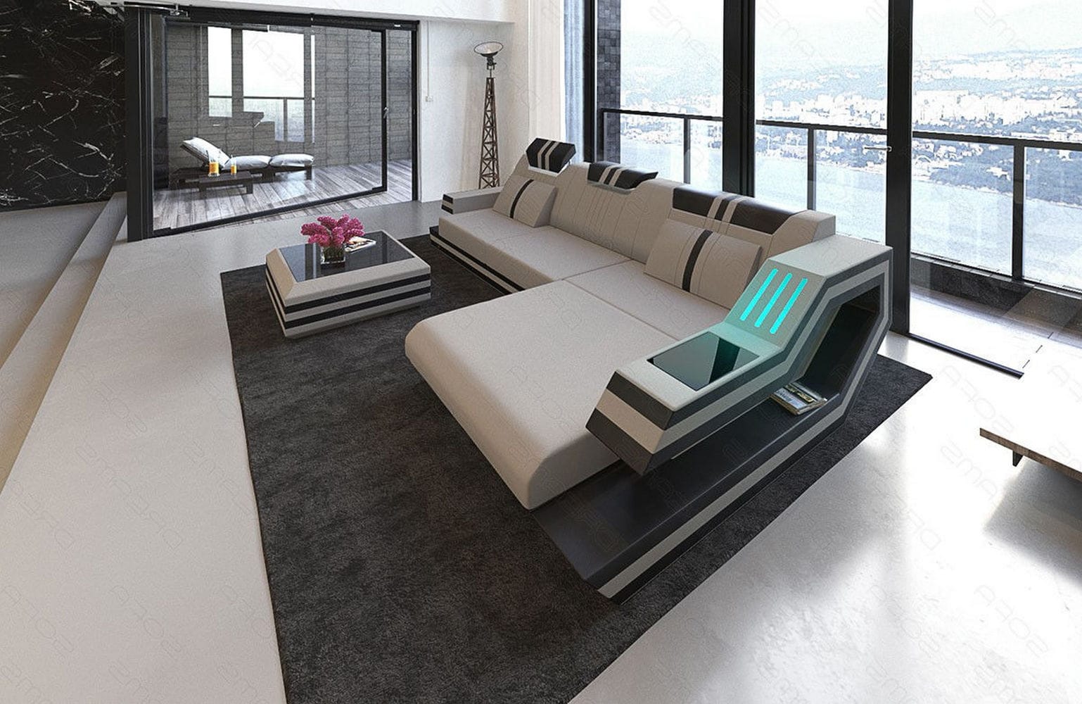 Polstersofa Materialmix Ravenna L-Form LED Hellgrau-Schwarz