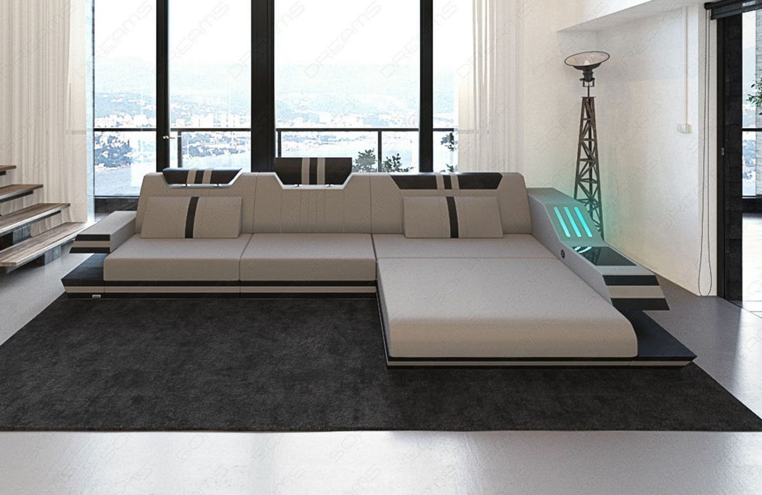 Polstersofa Materialmix Ravenna L-Form LED Hellgrau-Schwarz
