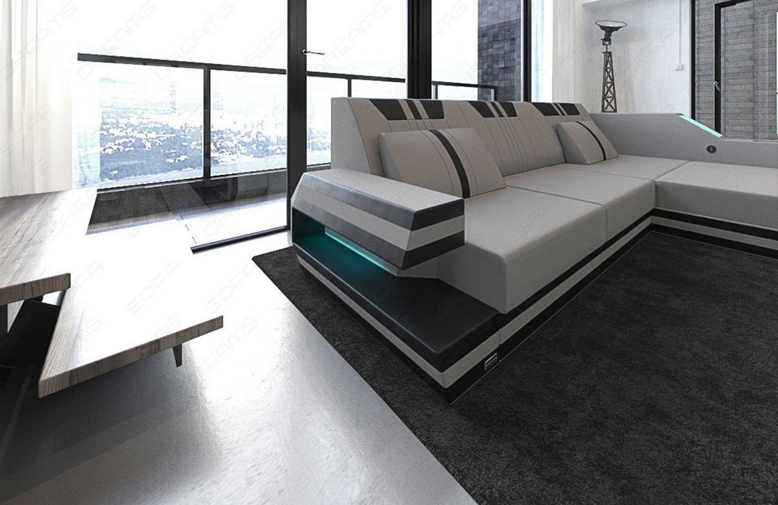 Polstersofa Materialmix Ravenna L-Form LED Hellgrau-Schwarz