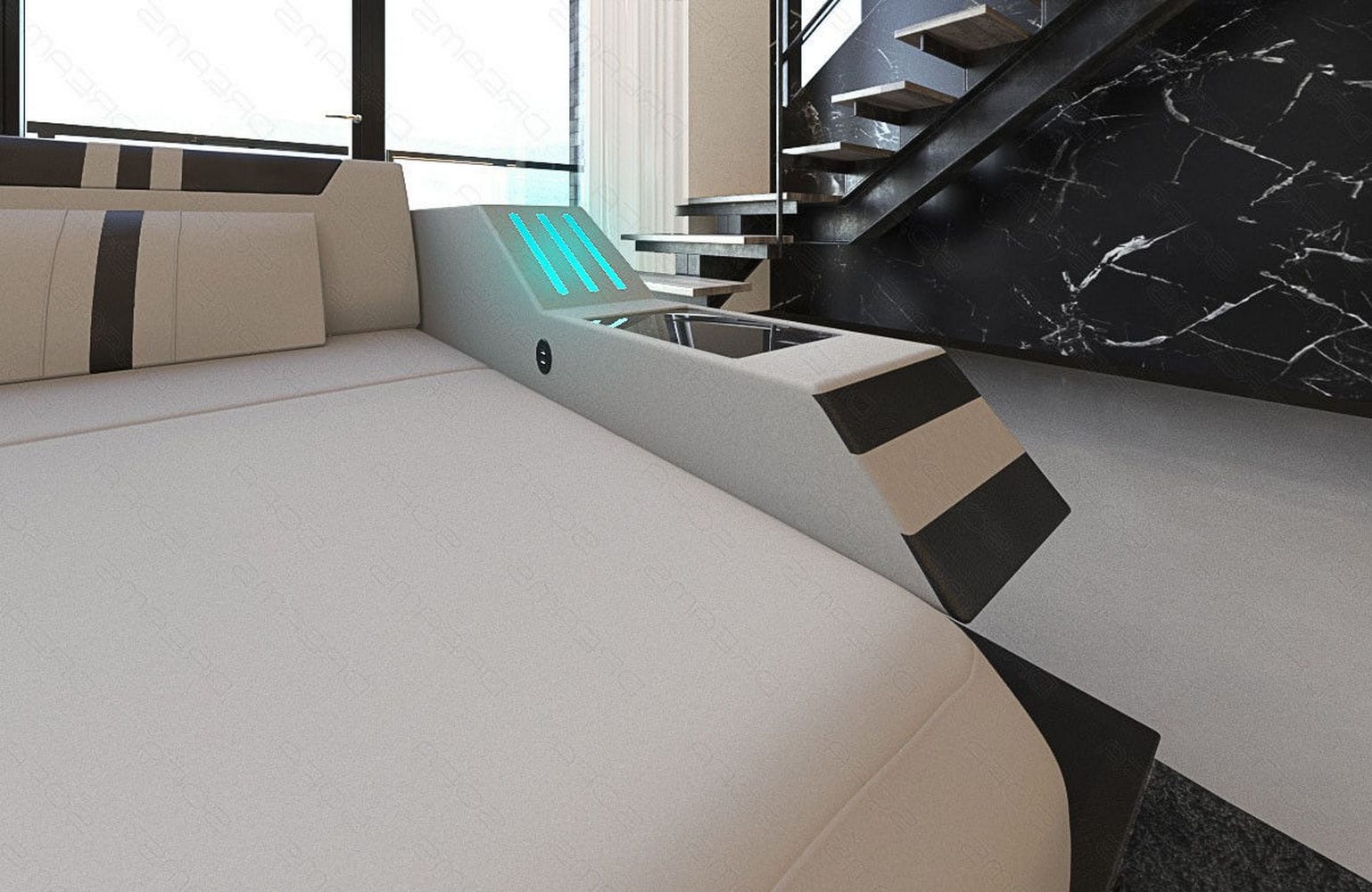 Polstersofa Materialmix Ravenna L-Form LED Hellgrau-Schwarz