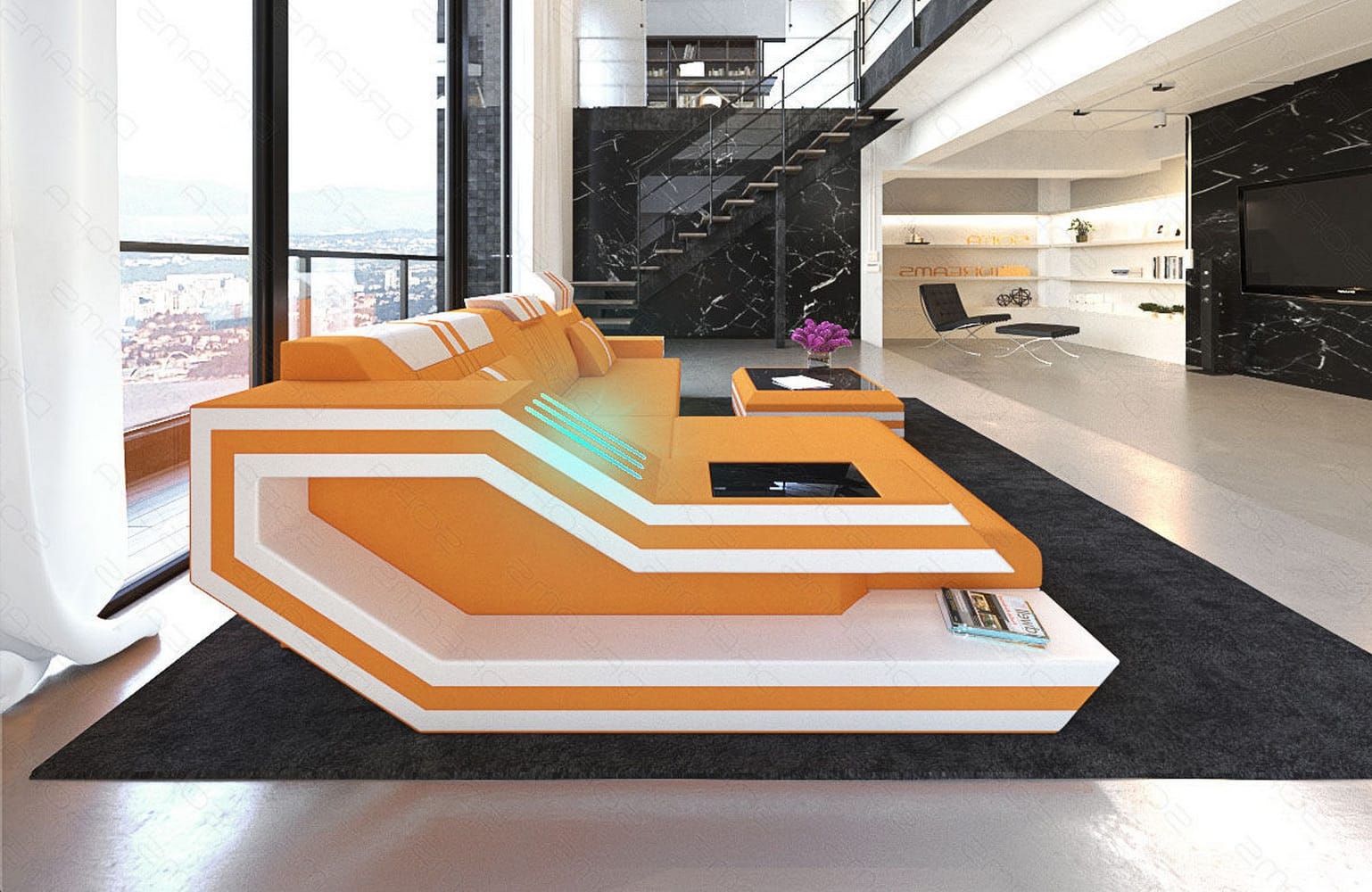 Polstersofa Materialmix Ravenna L-Form LED Apricot-Weiß