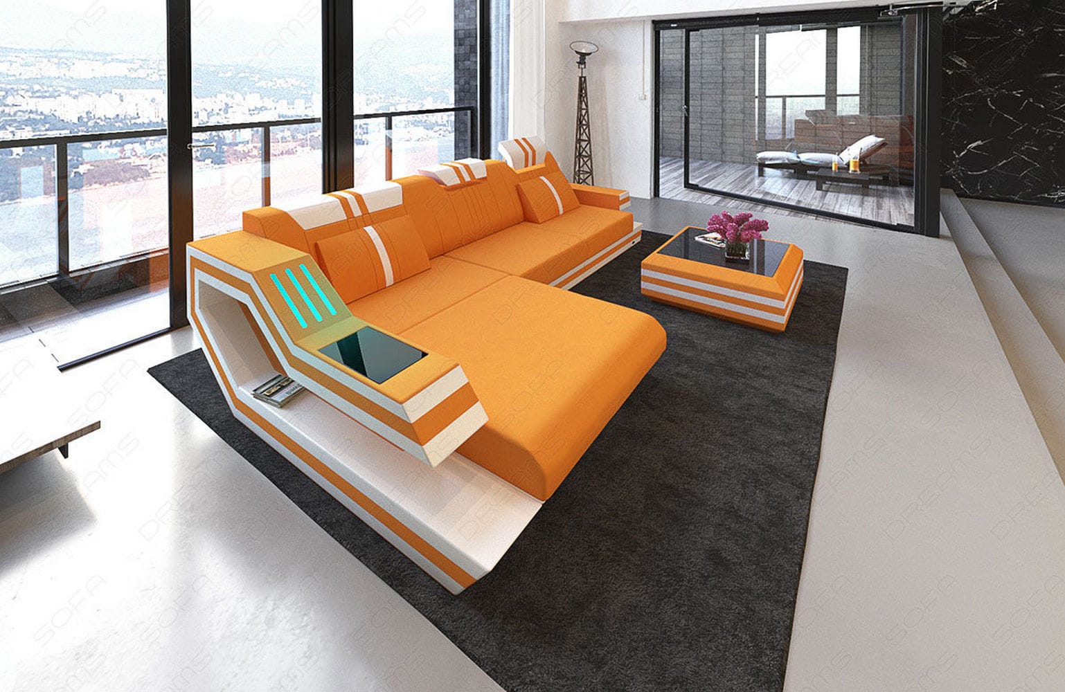 Polstersofa Materialmix Ravenna L-Form LED Apricot-Weiß