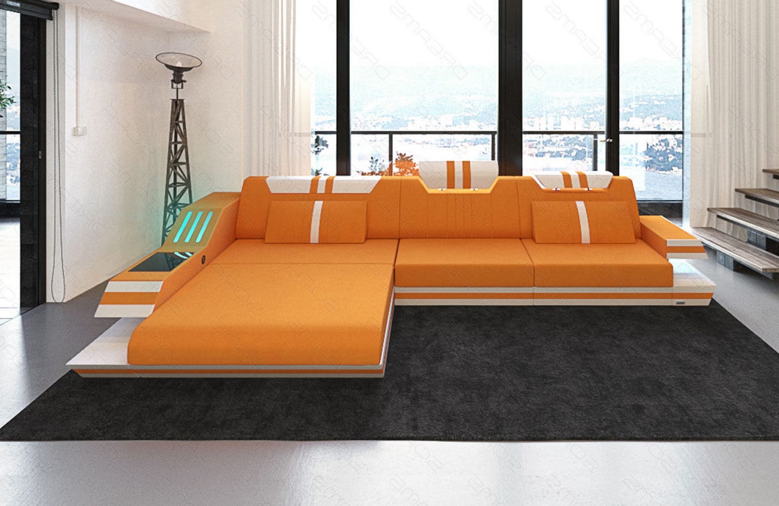 Polstersofa Materialmix Ravenna L-Form LED Apricot-Weiß