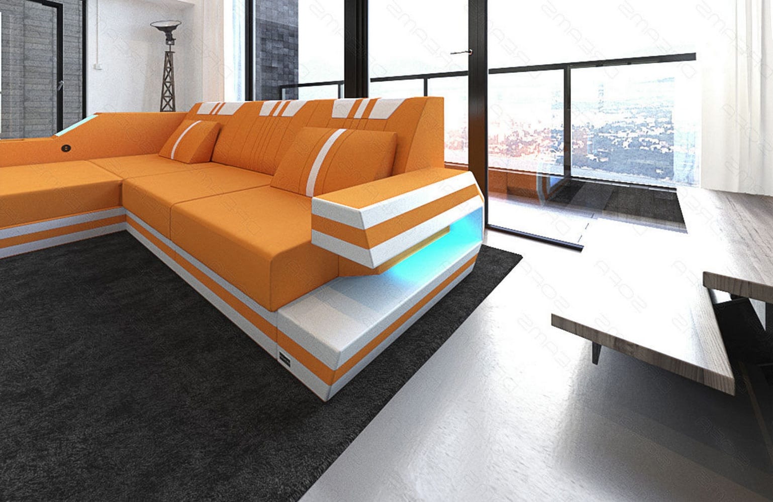 Polstersofa Materialmix Ravenna L-Form LED Apricot-Weiß