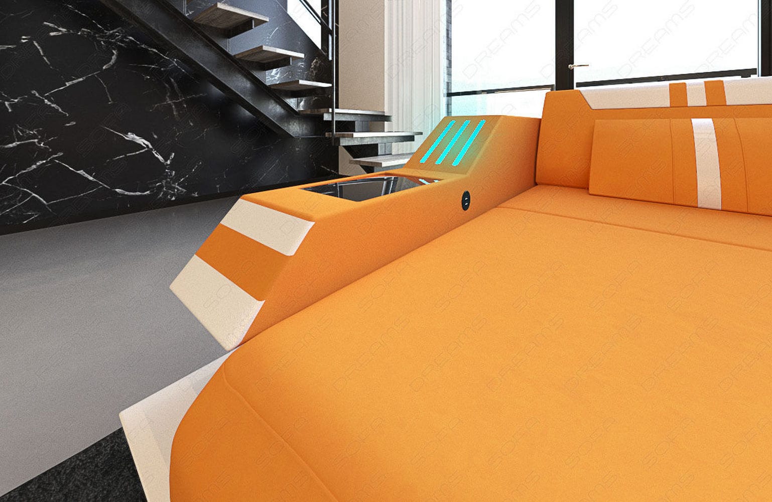 Polstersofa Materialmix Ravenna L-Form LED Apricot-Weiß