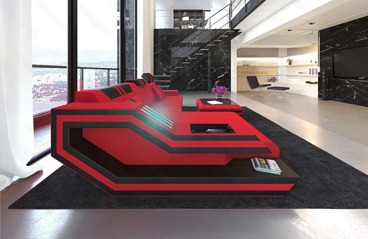 Polstersofa Materialmix Ravenna L-Form LED Rot-Schwarz