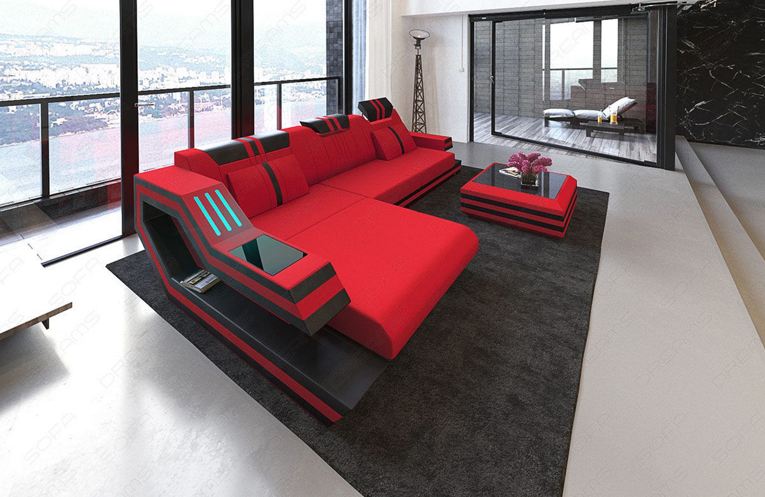 Polstersofa Materialmix Ravenna L-Form LED Rot-Schwarz