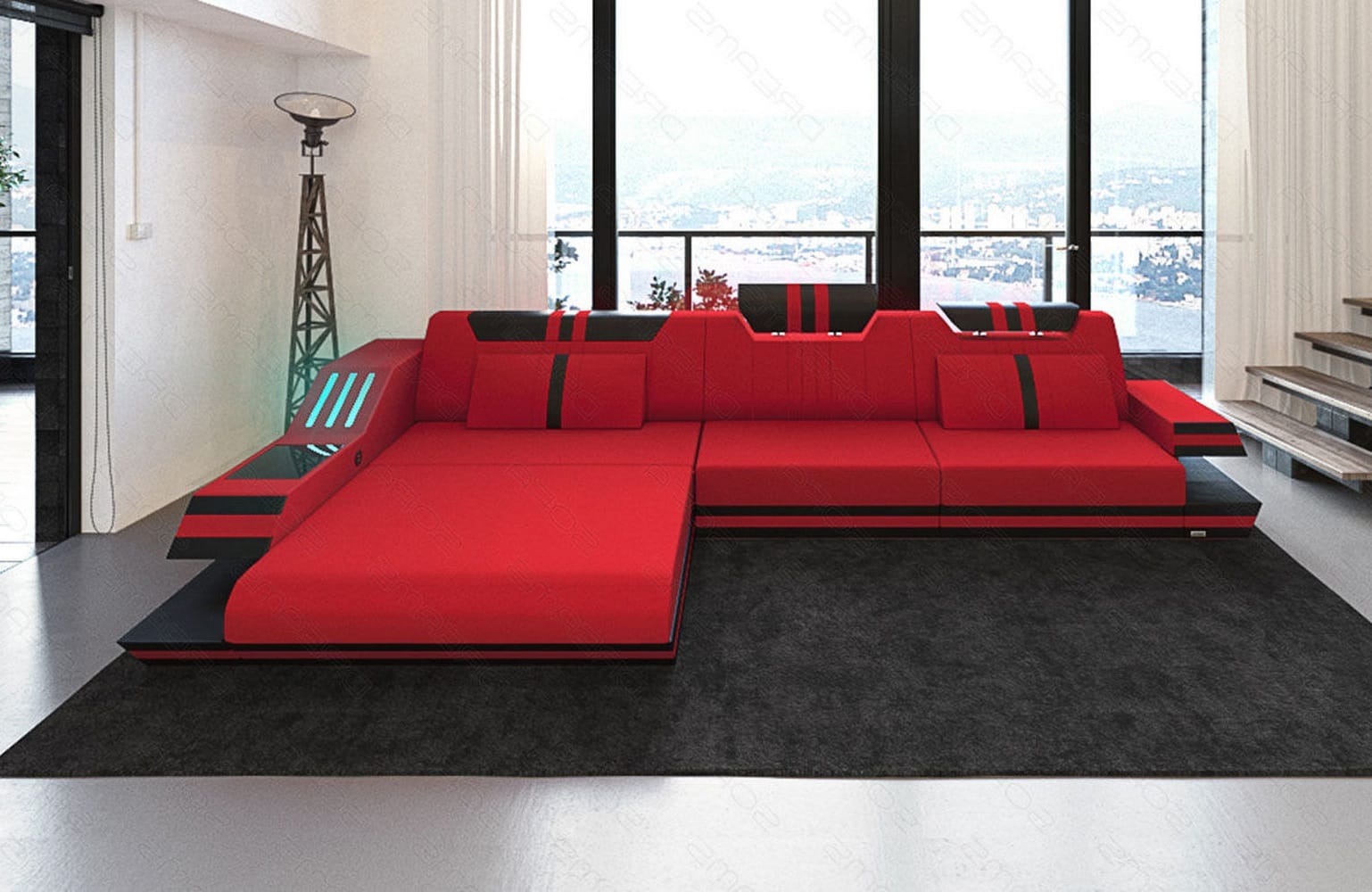 Polstersofa Materialmix Ravenna L-Form LED Rot-Schwarz