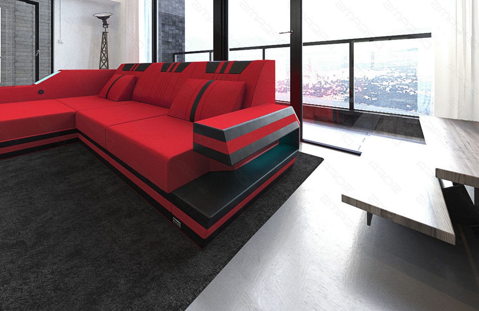 Polstersofa Materialmix Ravenna L-Form LED Rot-Schwarz