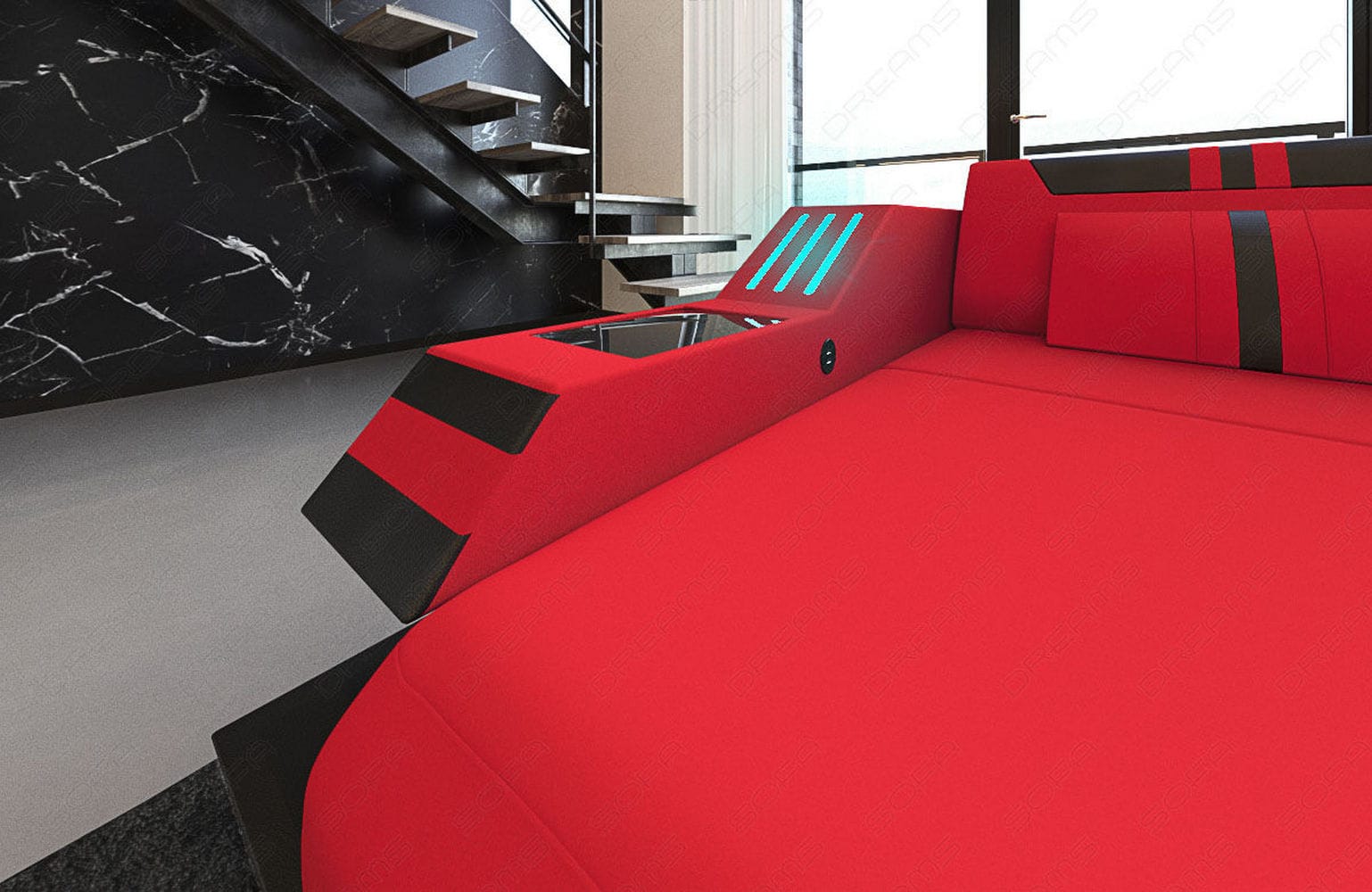 Polstersofa Materialmix Ravenna L-Form LED Rot-Schwarz