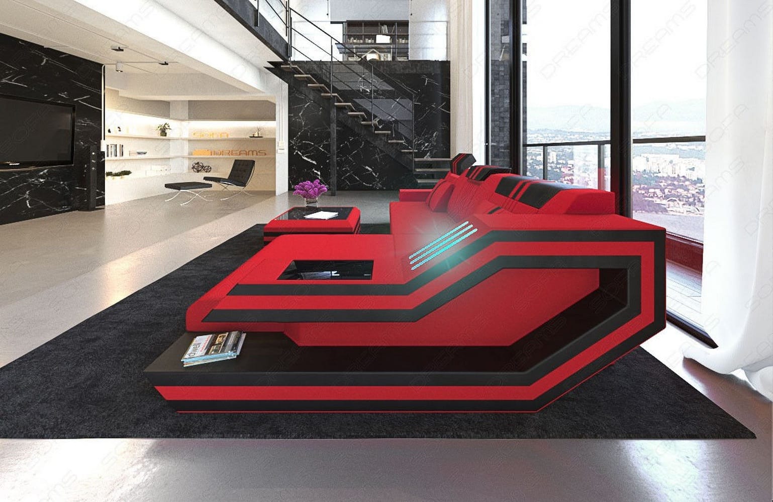 Polstersofa Materialmix Ravenna L-Form LED Rot-Schwarz