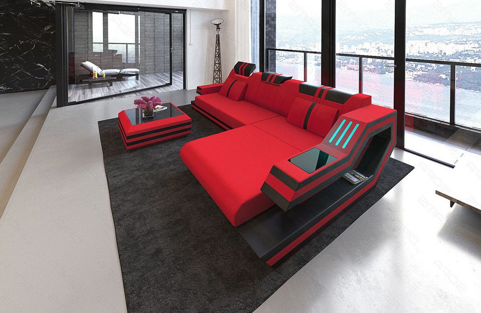 Polstersofa Materialmix Ravenna L-Form LED Rot-Schwarz