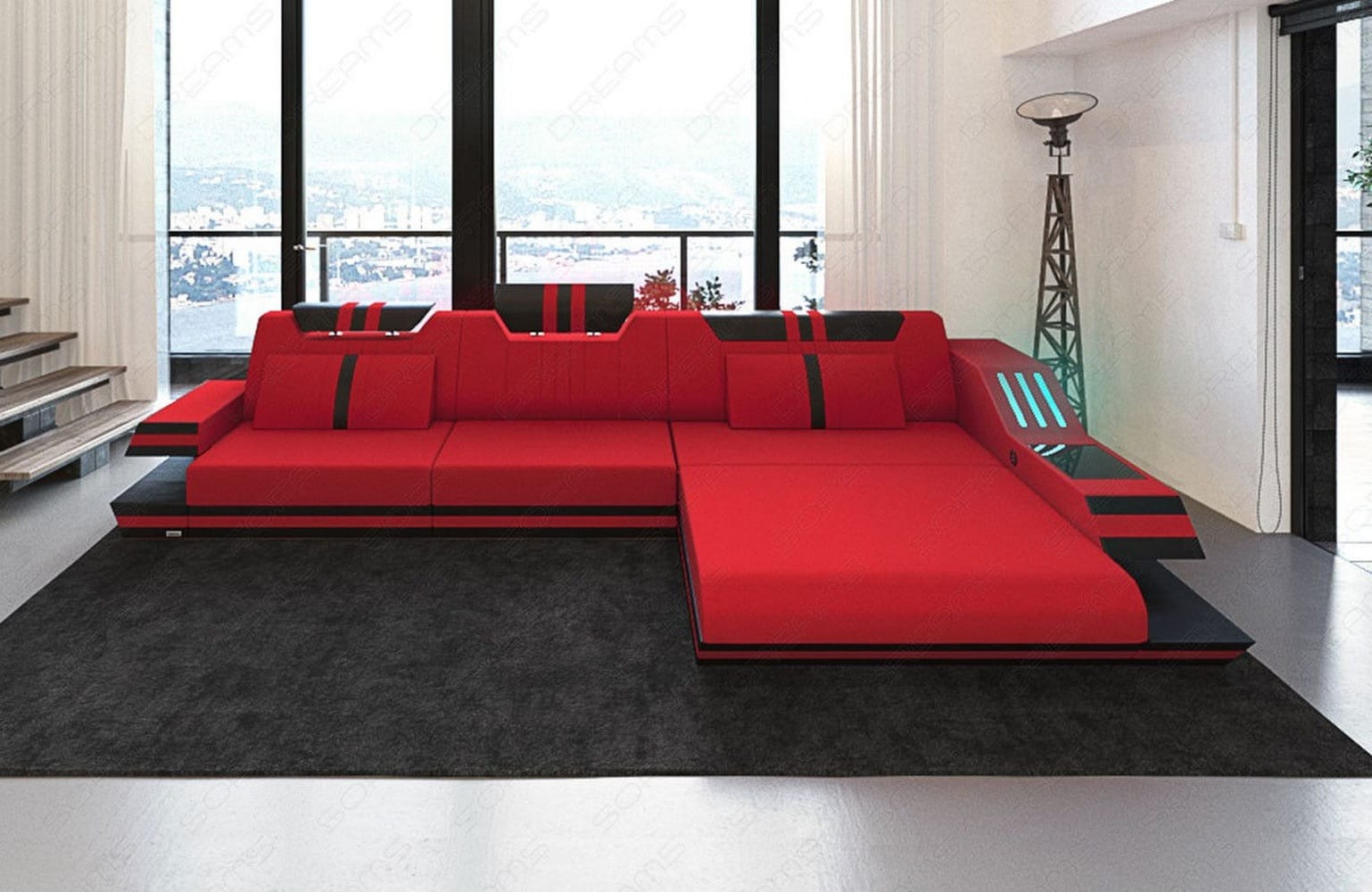 Polstersofa Materialmix Ravenna L-Form LED Rot-Schwarz