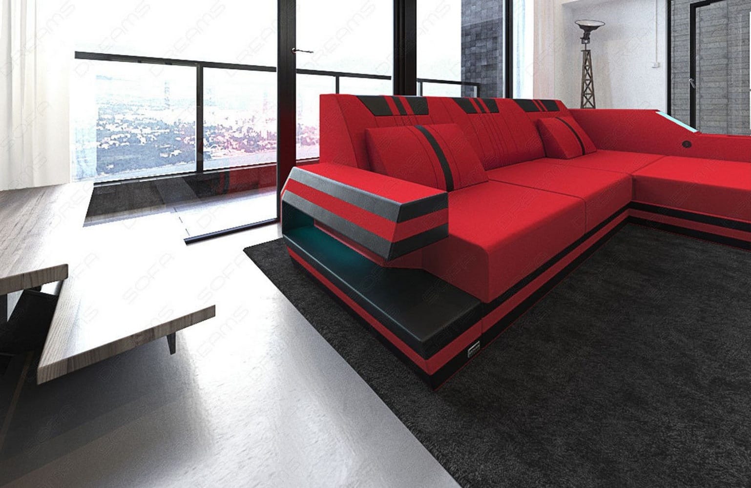 Polstersofa Materialmix Ravenna L-Form LED Rot-Schwarz