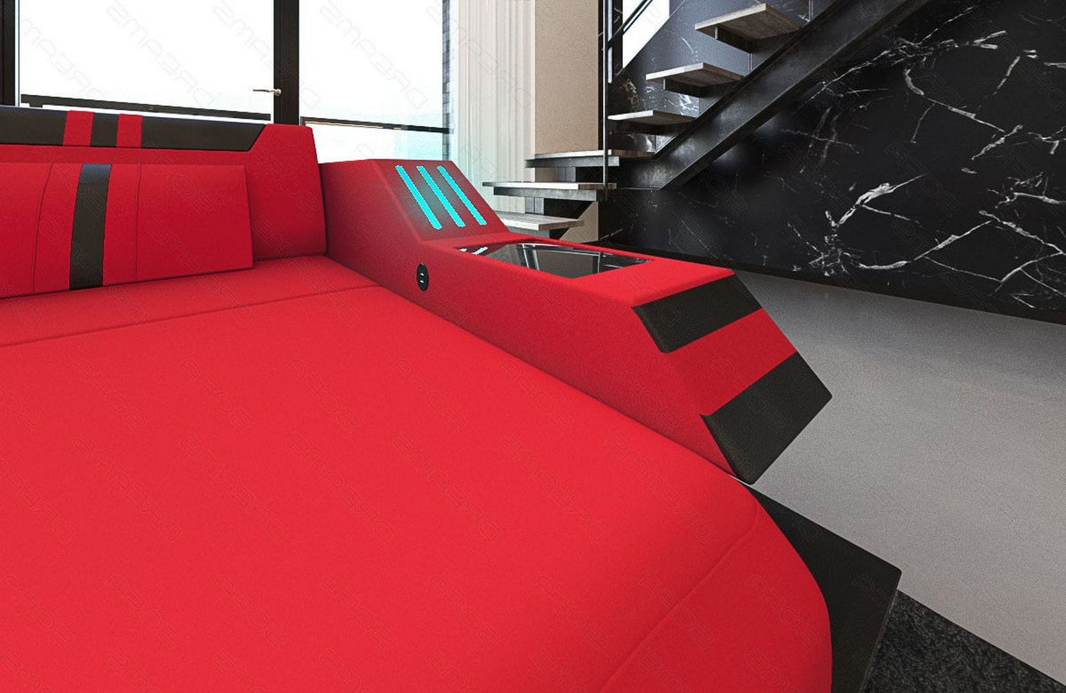 Polstersofa Materialmix Ravenna L-Form LED Rot-Schwarz