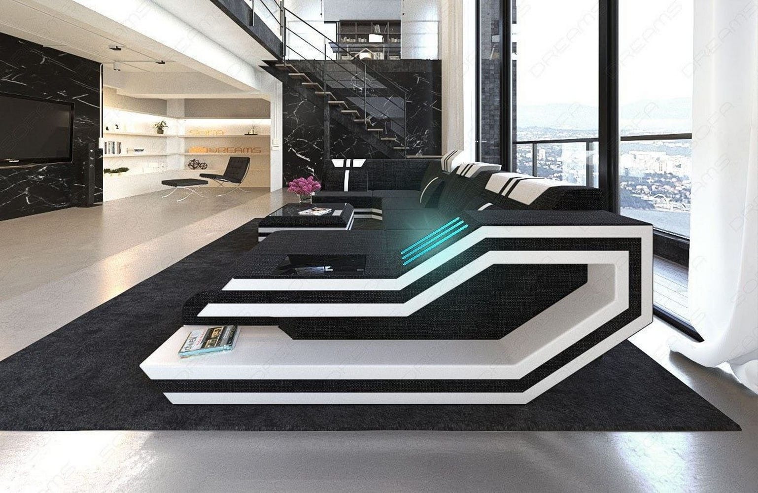 Stoff-Wohnlandschaft Ravenna U-Form LED Dunkelgrau-Weiß