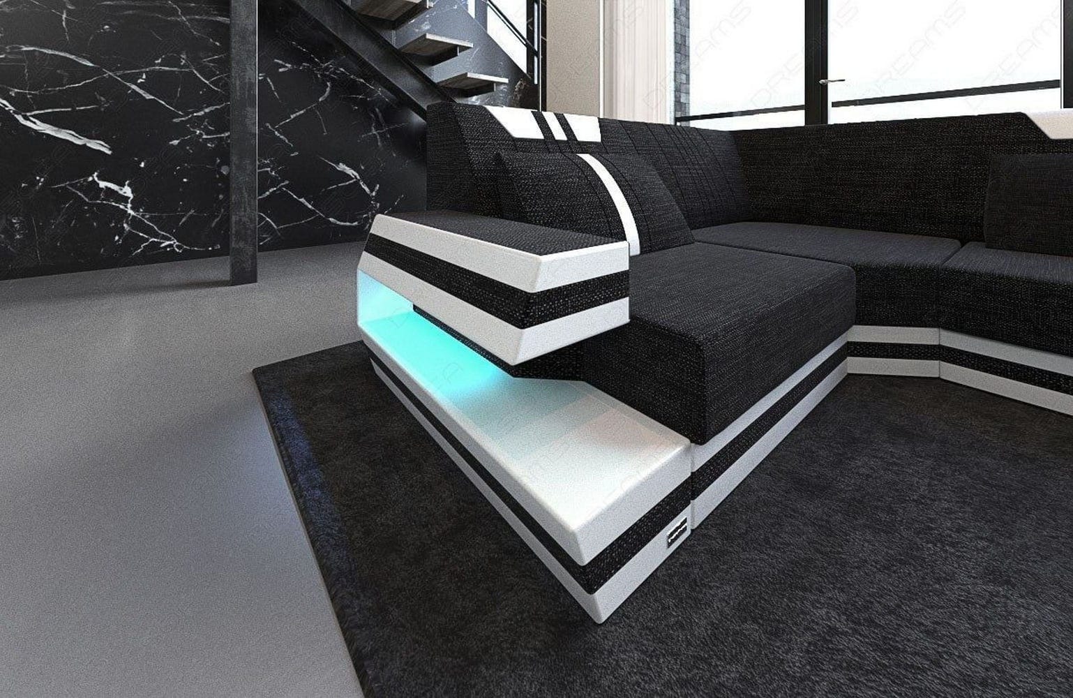 Stoff-Wohnlandschaft Ravenna U-Form LED Dunkelgrau-Weiß
