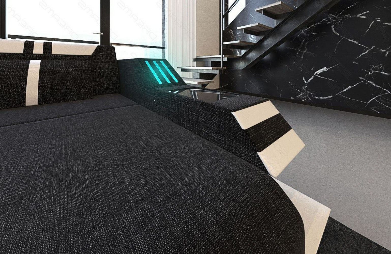 Stoff-Wohnlandschaft Ravenna U-Form LED Dunkelgrau-Weiß