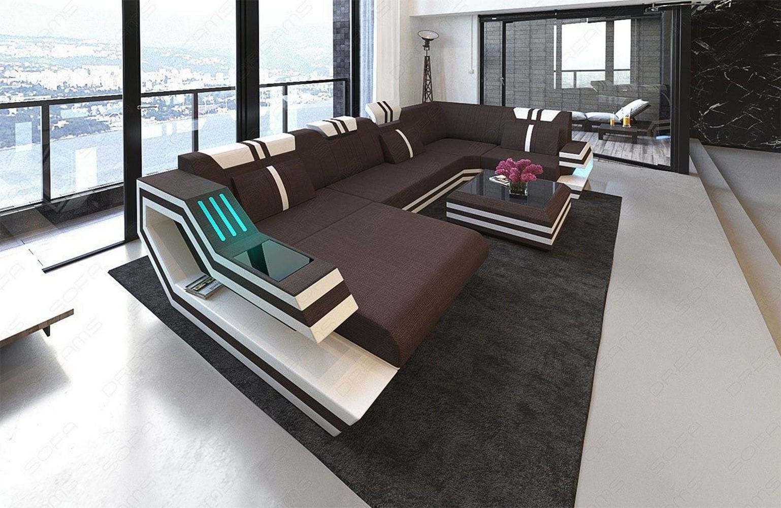 Stoff-Wohnlandschaft Ravenna U-Form LED Graubraun-Weiß