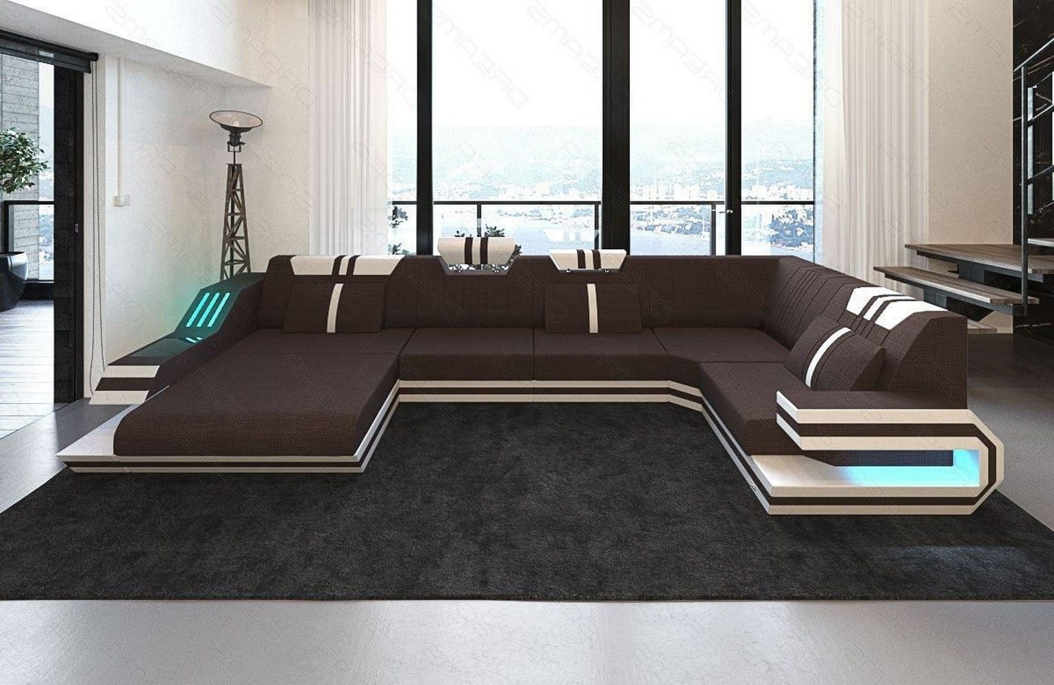 Stoff-Wohnlandschaft Ravenna U-Form LED Graubraun-Weiß