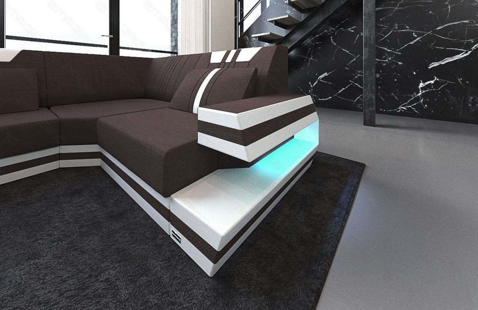 Stoff-Wohnlandschaft Ravenna U-Form LED Graubraun-Weiß