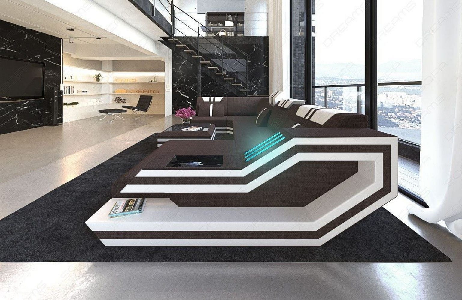 Stoff-Wohnlandschaft Ravenna U-Form LED Graubraun-Weiß