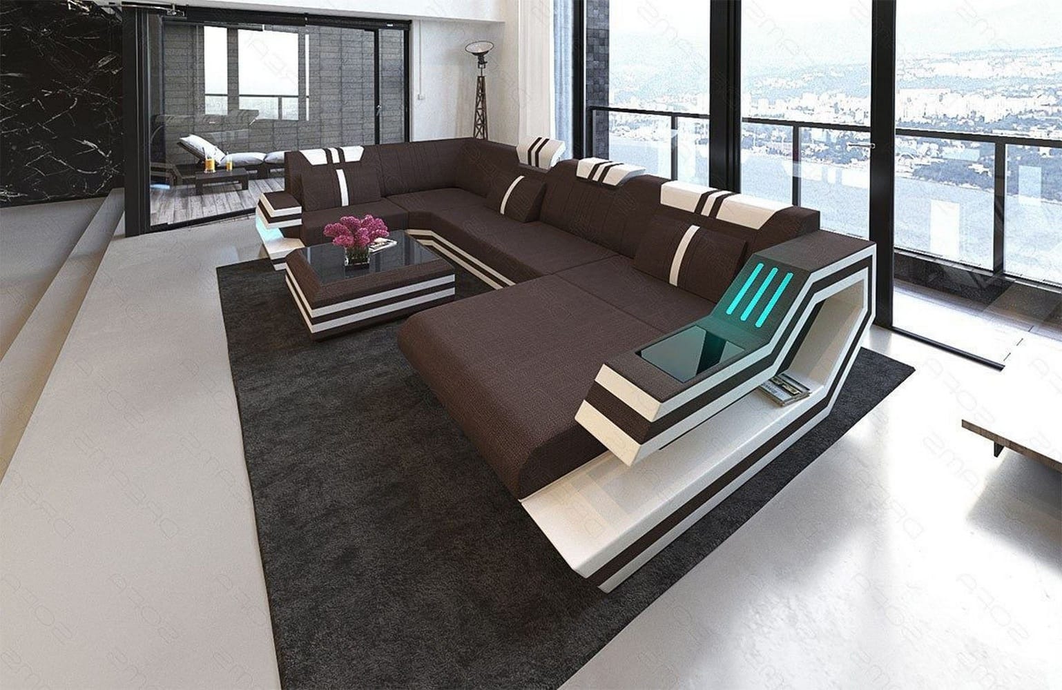 Stoff-Wohnlandschaft Ravenna U-Form LED Graubraun-Weiß