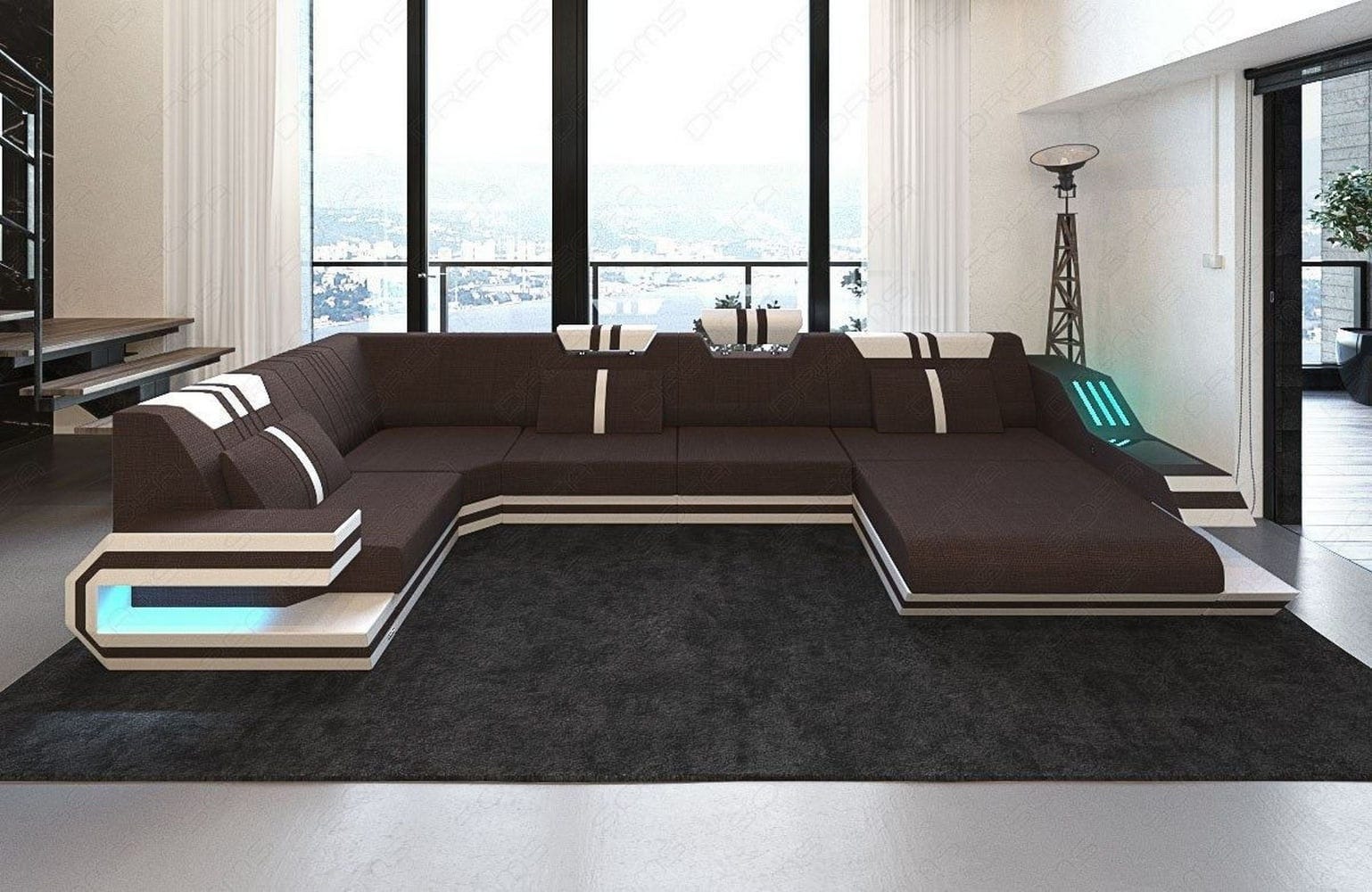 Stoff-Wohnlandschaft Ravenna U-Form LED Graubraun-Weiß