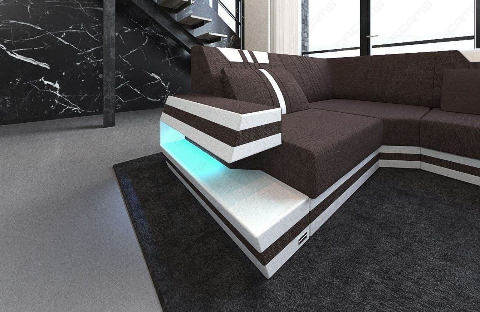 Stoff-Wohnlandschaft Ravenna U-Form LED Graubraun-Weiß