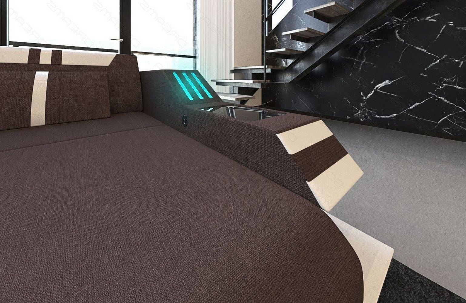 Stoff-Wohnlandschaft Ravenna U-Form LED Graubraun-Weiß