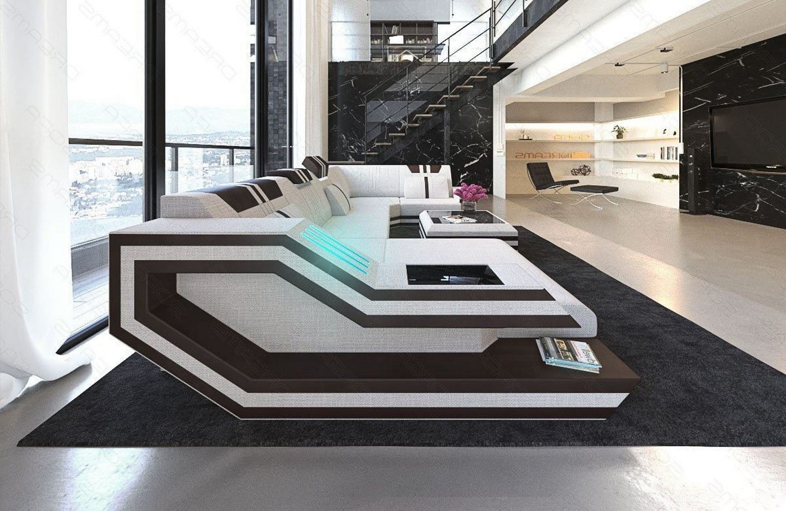 Stoff-Wohnlandschaft Ravenna U-Form LED Macchiato-Schwarz