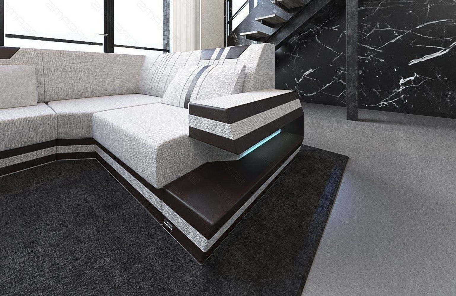 Stoff-Wohnlandschaft Ravenna U-Form LED Macchiato-Schwarz